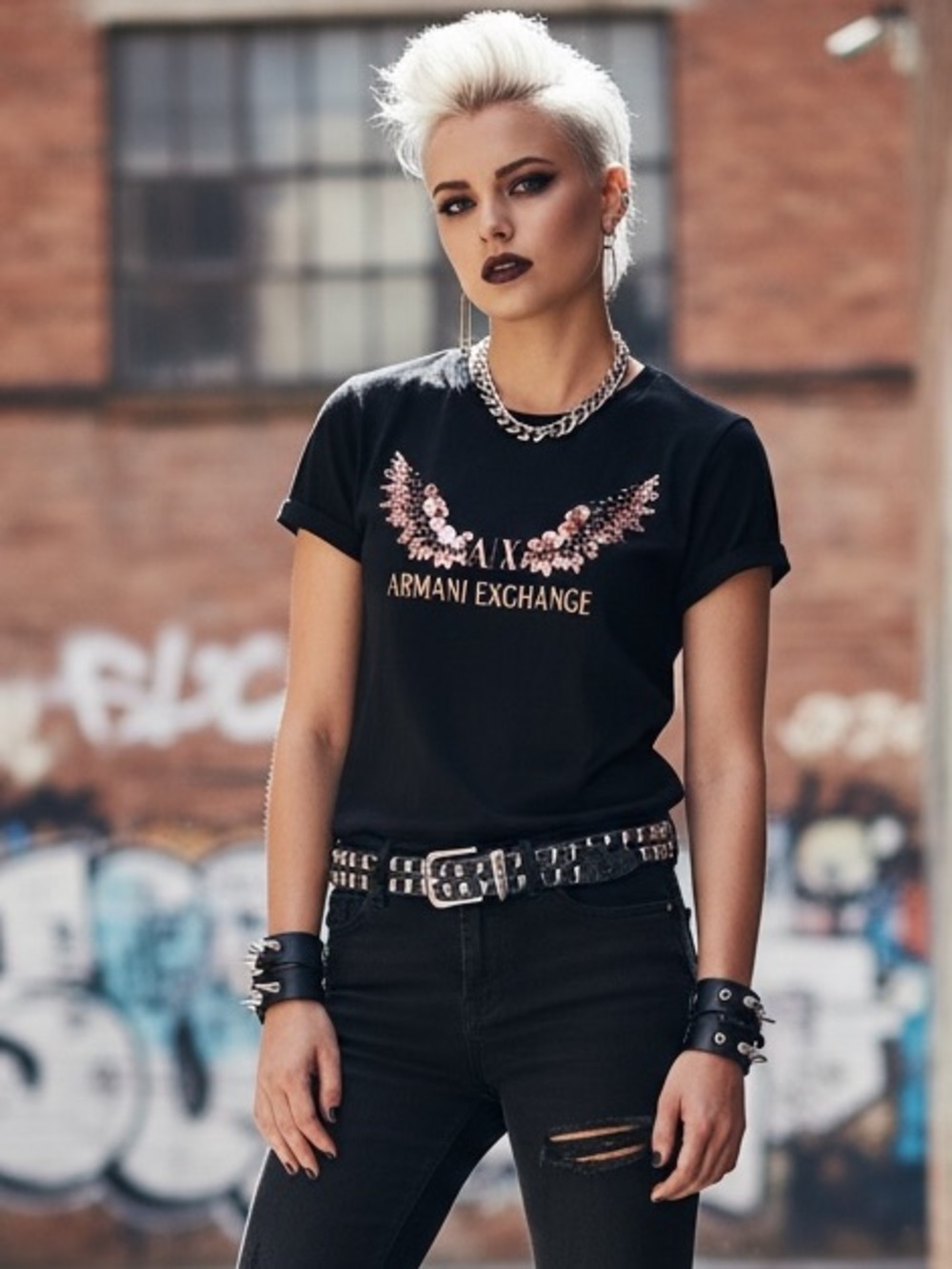 Armani Exchange A|X Womens sz M Copper Beaded Wings Logo Graphic Tee T-Shirt